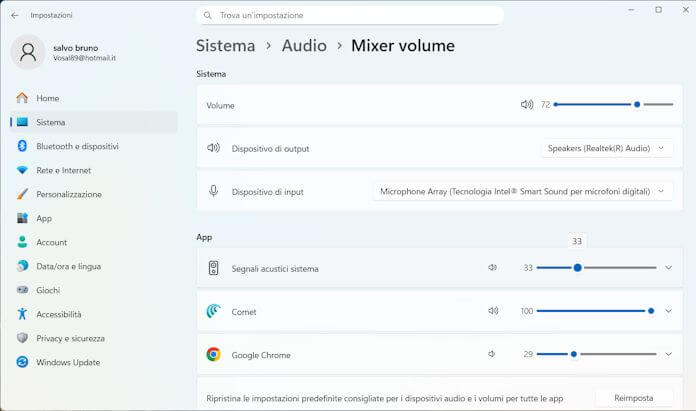 Come cambiare output su Windows 11: Mixer Volume