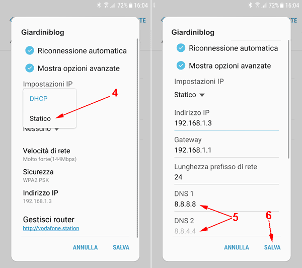 come modificare dns su android