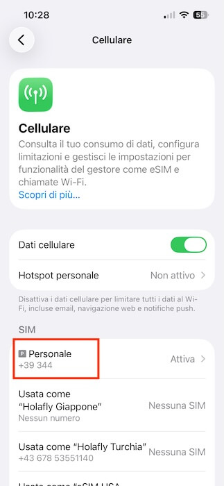 impostazioni iphone cellulare linea principale